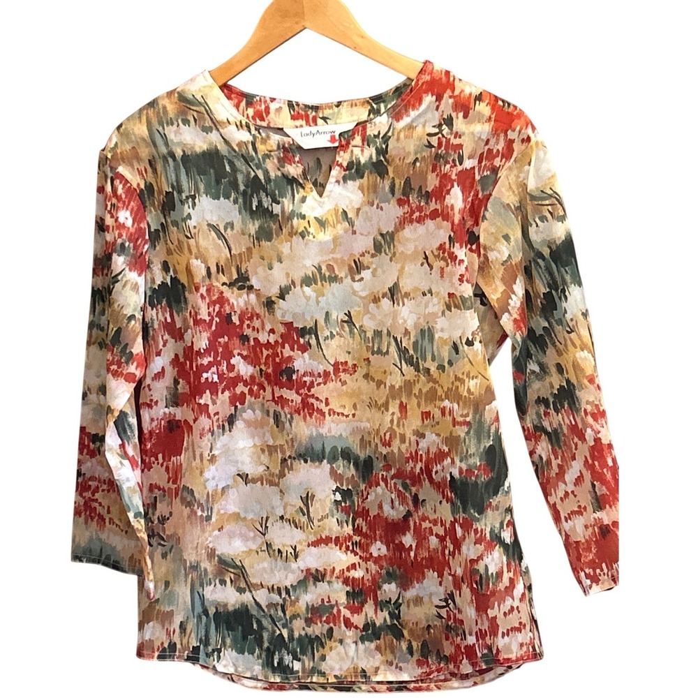 Vintage Lady Arrow Abstract Blouse Impressionist Artsy Boho Earthy Top